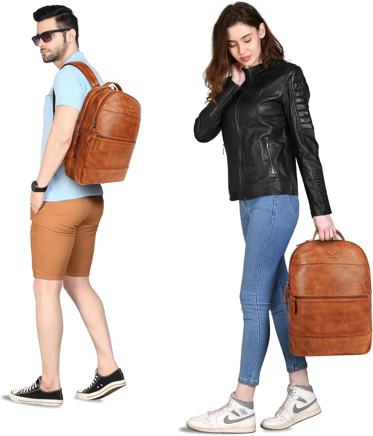 LUXEORIA Genuine Leather Backpack for Men and Women, Minimalistic Backpack, Handmade Retro Style 15.6" Laptop Bag, Daypack with Utility Pockets & Trolley Sleeve - Tan
