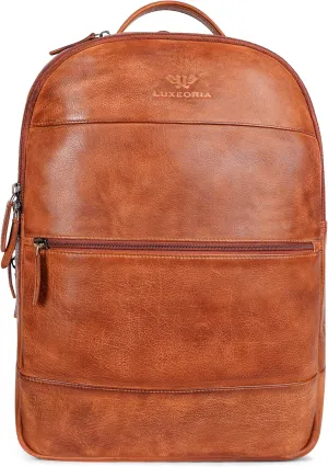 LUXEORIA Genuine Leather Backpack for Men and Women, Minimalistic Backpack, Handmade Retro Style 15.6" Laptop Bag, Daypack with Utility Pockets & Trolley Sleeve - Tan