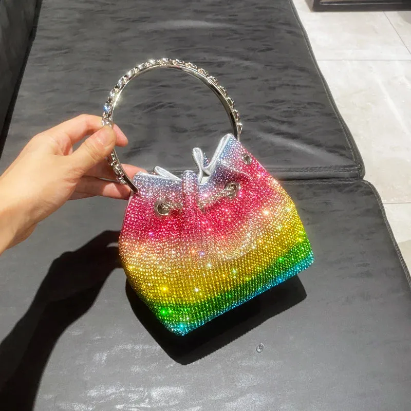 Luxury Designer Crystal Rhinestone Evening Clutch - Women's Bucket Shoulder Bag for Parties & Banquets