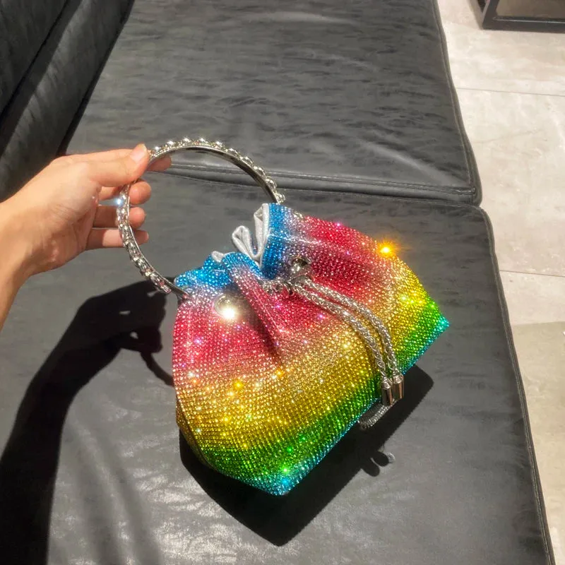 Luxury Designer Crystal Rhinestone Evening Clutch - Women's Bucket Shoulder Bag for Parties & Banquets