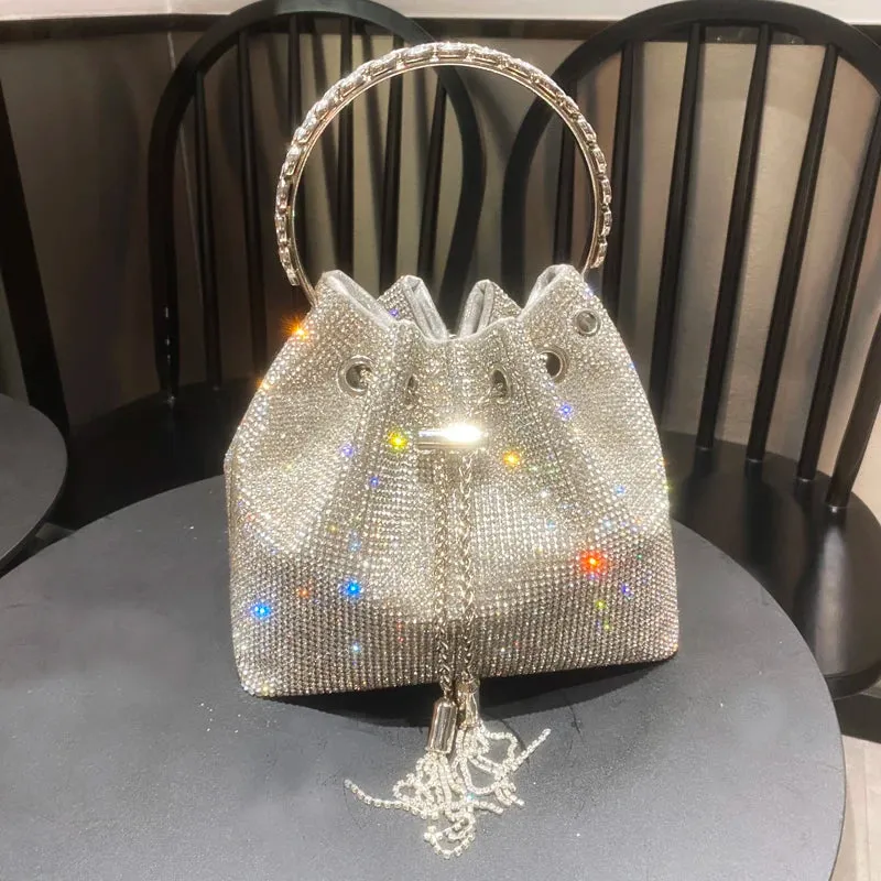 Luxury Designer Crystal Rhinestone Evening Clutch - Women's Bucket Shoulder Bag for Parties & Banquets