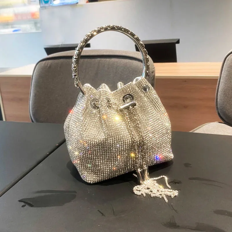 Luxury Designer Crystal Rhinestone Evening Clutch - Women's Bucket Shoulder Bag for Parties & Banquets
