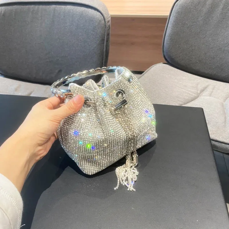 Luxury Designer Crystal Rhinestone Evening Clutch - Women's Bucket Shoulder Bag for Parties & Banquets