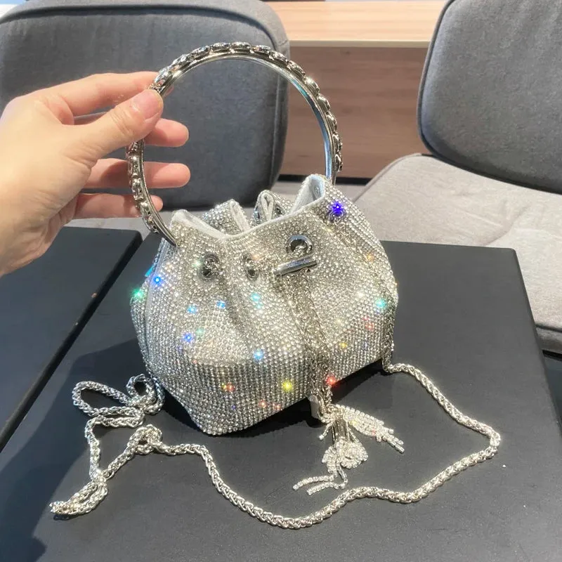 Luxury Designer Crystal Rhinestone Evening Clutch - Women's Bucket Shoulder Bag for Parties & Banquets