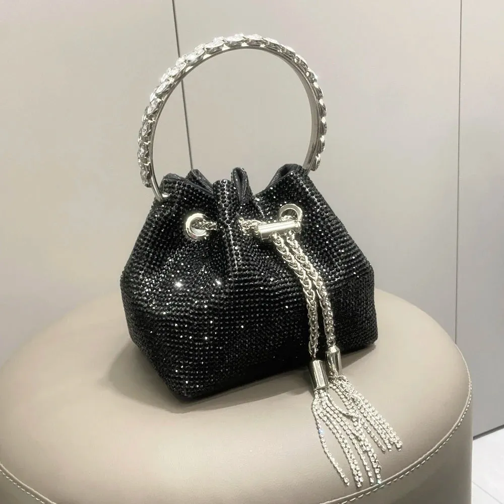Luxury Designer Crystal Rhinestone Evening Clutch - Women's Bucket Shoulder Bag for Parties & Banquets