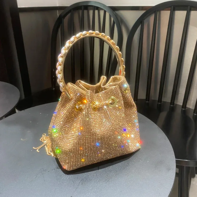 Luxury Designer Crystal Rhinestone Evening Clutch - Women's Bucket Shoulder Bag for Parties & Banquets