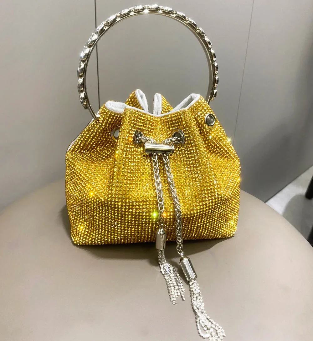 Luxury Designer Crystal Rhinestone Evening Clutch - Women's Bucket Shoulder Bag for Parties & Banquets