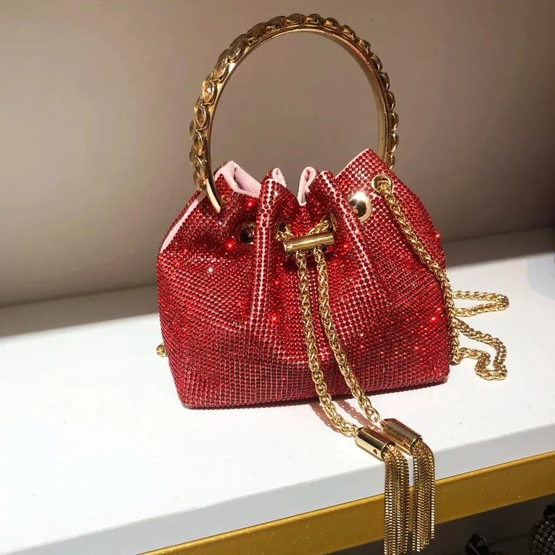 Luxury Designer Crystal Rhinestone Evening Clutch - Women's Bucket Shoulder Bag for Parties & Banquets