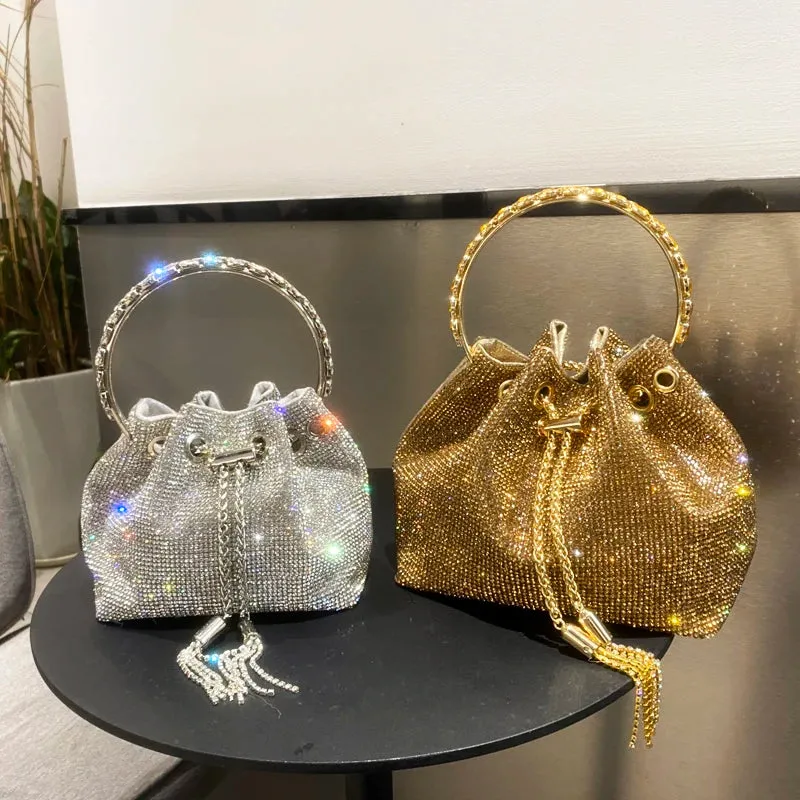 Luxury Designer Crystal Rhinestone Evening Clutch - Women's Bucket Shoulder Bag for Parties & Banquets