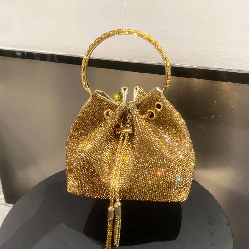 Luxury Designer Crystal Rhinestone Evening Clutch - Women's Bucket Shoulder Bag for Parties & Banquets