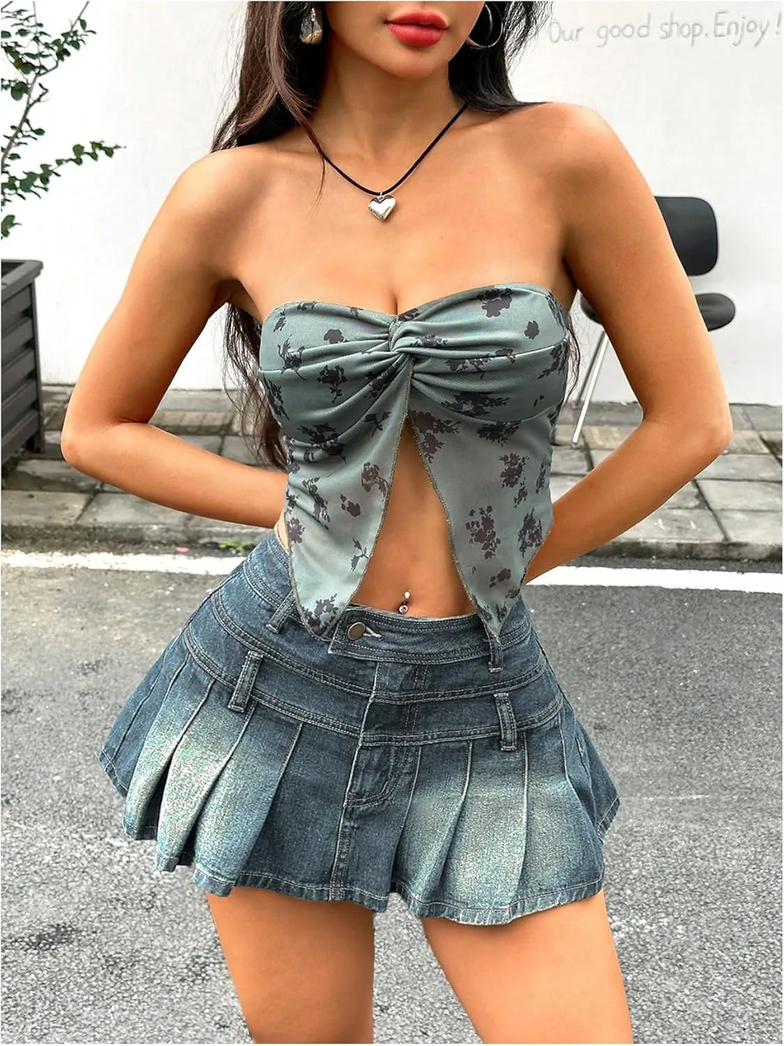 MakeMeChic Women's Pleated Denim Skirt A Line Flare Y2k Mini Jean Skirts