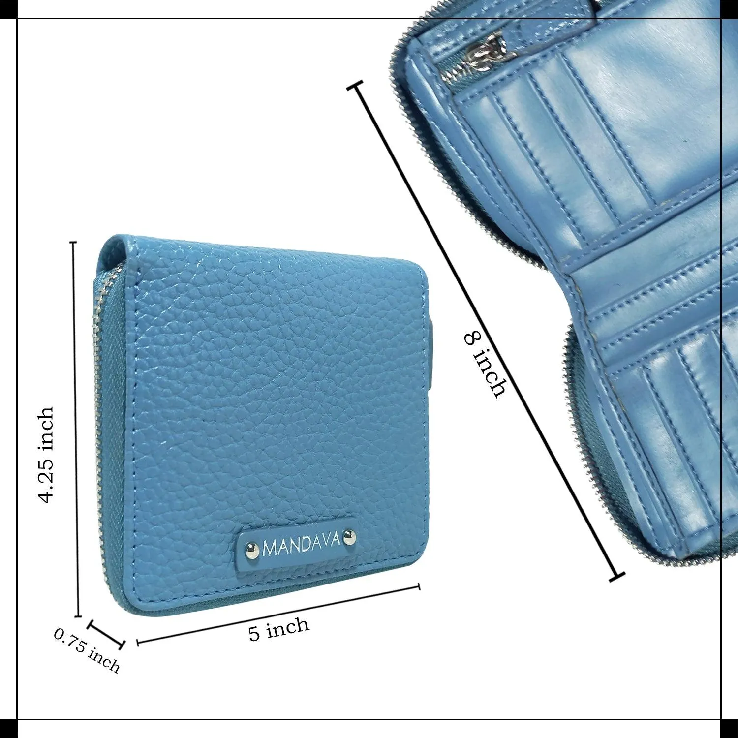 MANDAVA Women's Small Bifold PU Leather Wallet | Ladies Slim Compact Card Holder Organizer Zipper Coin Purse (Sky Blue)