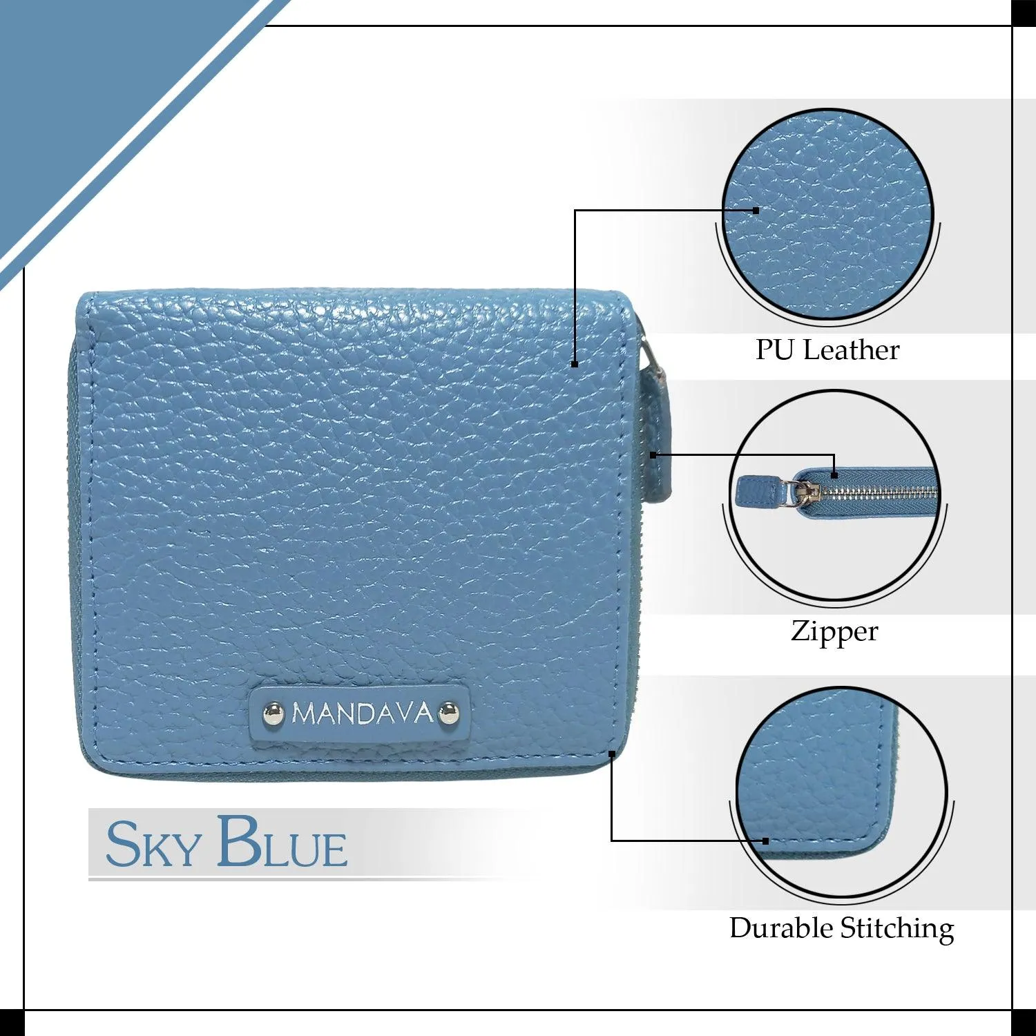 MANDAVA Women's Small Bifold PU Leather Wallet | Ladies Slim Compact Card Holder Organizer Zipper Coin Purse (Sky Blue)