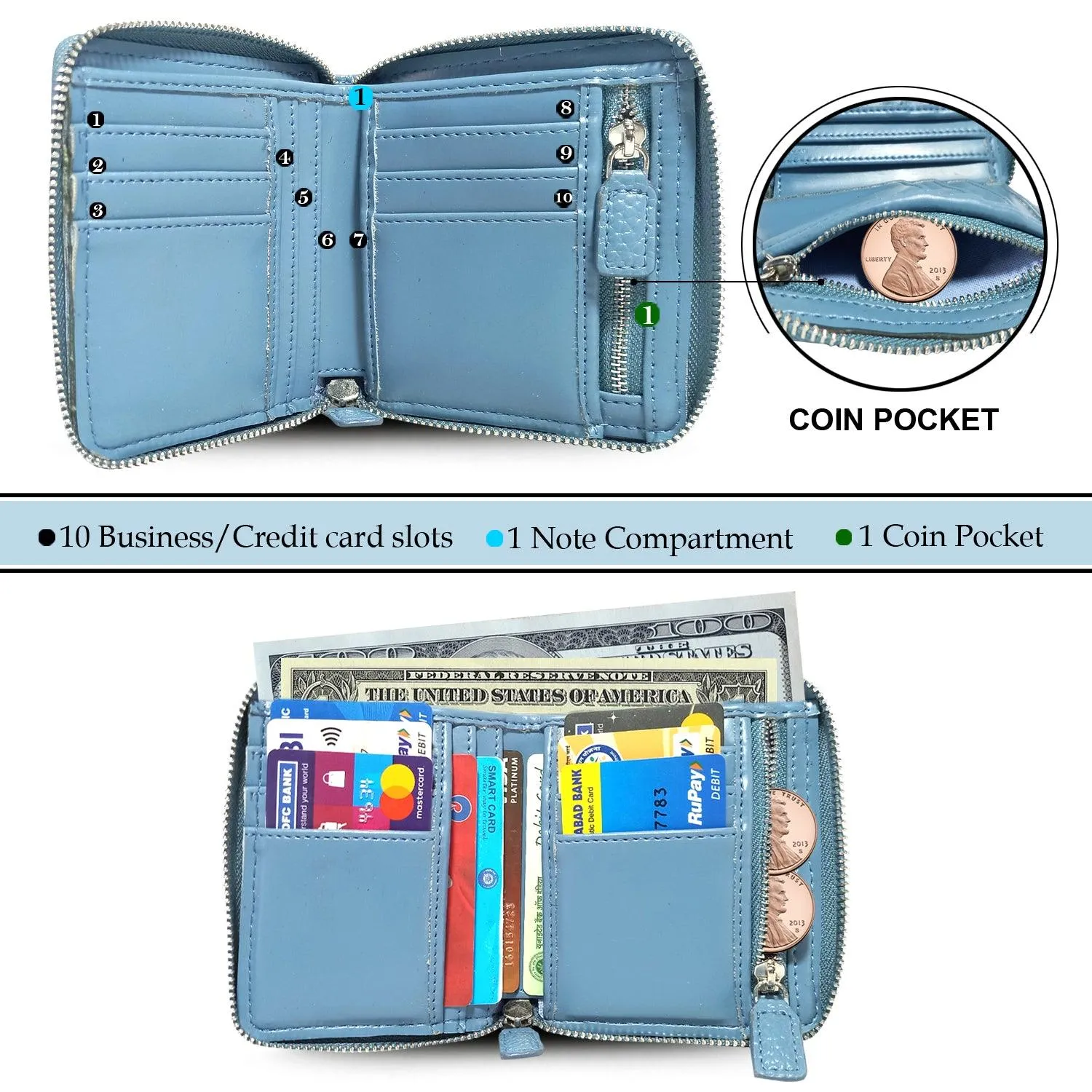 MANDAVA Women's Small Bifold PU Leather Wallet | Ladies Slim Compact Card Holder Organizer Zipper Coin Purse (Sky Blue)