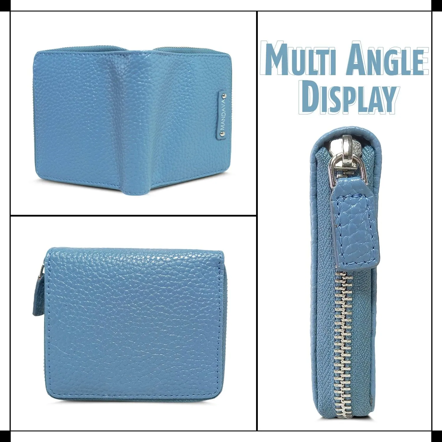 MANDAVA Women's Small Bifold PU Leather Wallet | Ladies Slim Compact Card Holder Organizer Zipper Coin Purse (Sky Blue)