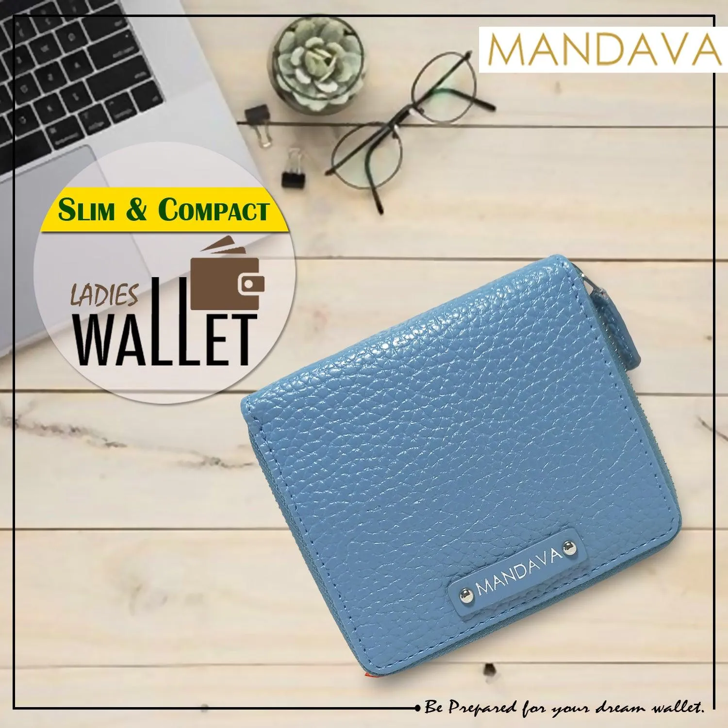 MANDAVA Women's Small Bifold PU Leather Wallet | Ladies Slim Compact Card Holder Organizer Zipper Coin Purse (Sky Blue)