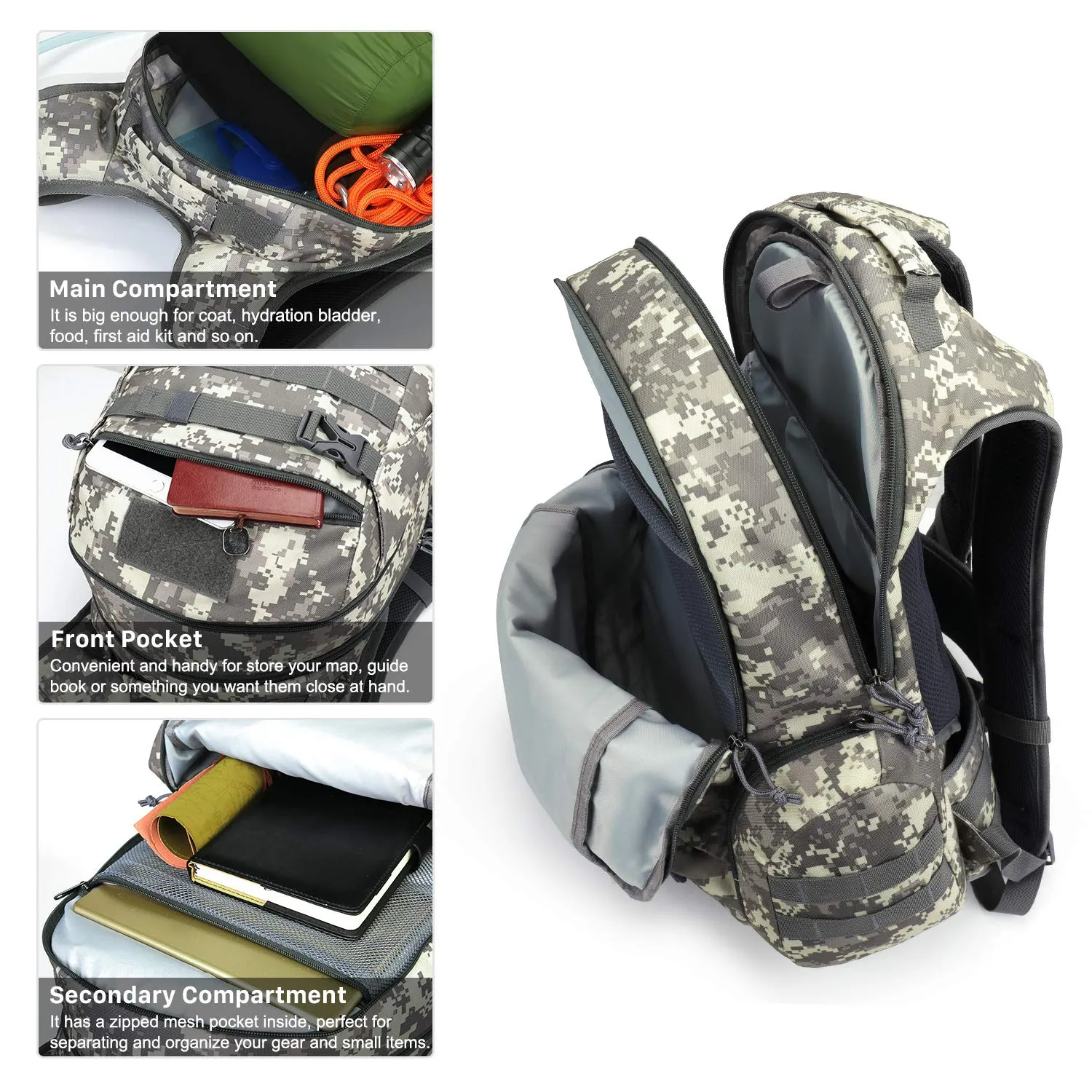 Mardingtop 35L Tactical Backpacks Molle Hiking daypacks for Camping Hiking Military Traveling Camo Khaki Grid-5962