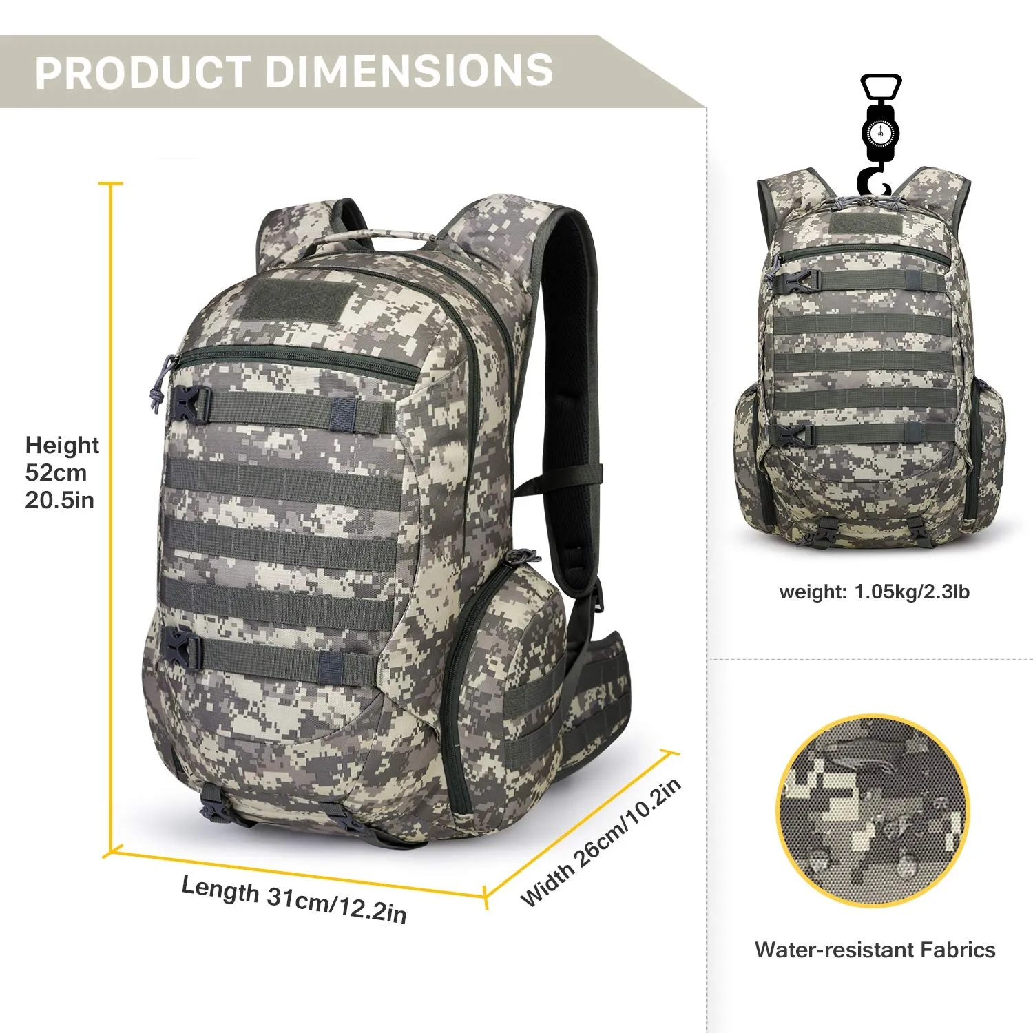 Mardingtop 35L Tactical Backpacks Molle Hiking daypacks for Camping Hiking Military Traveling Camo Khaki Grid-5962