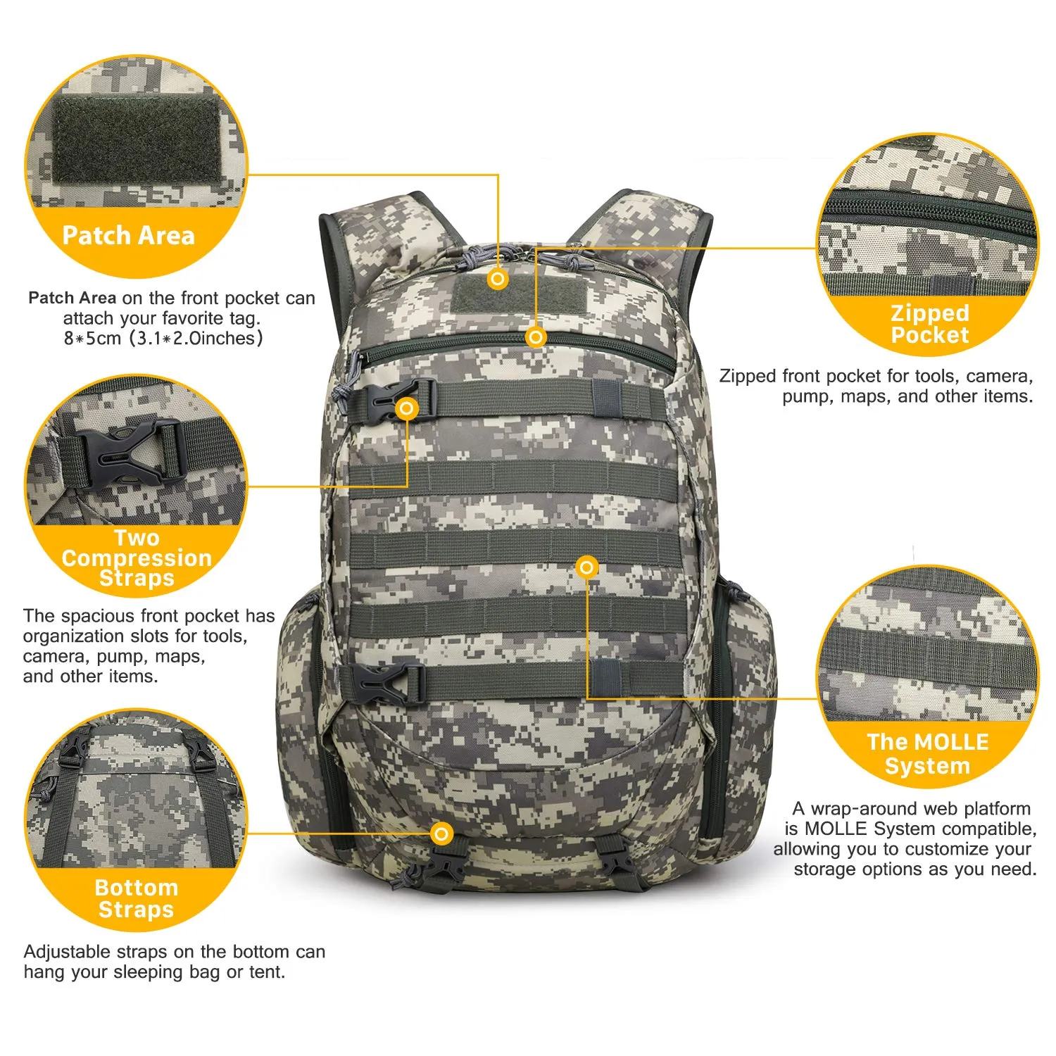Mardingtop 35L Tactical Backpacks Molle Hiking daypacks for Camping Hiking Military Traveling Camo Khaki Grid-5962