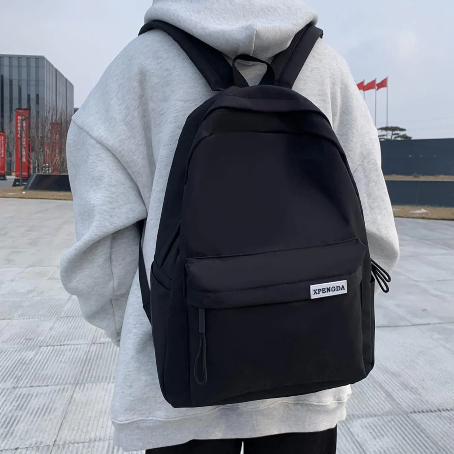 Men And Women Adult Fashion Solid Color Nylon Zipper Simple Large Capacity Student Backpack Retro (Black, One Size)