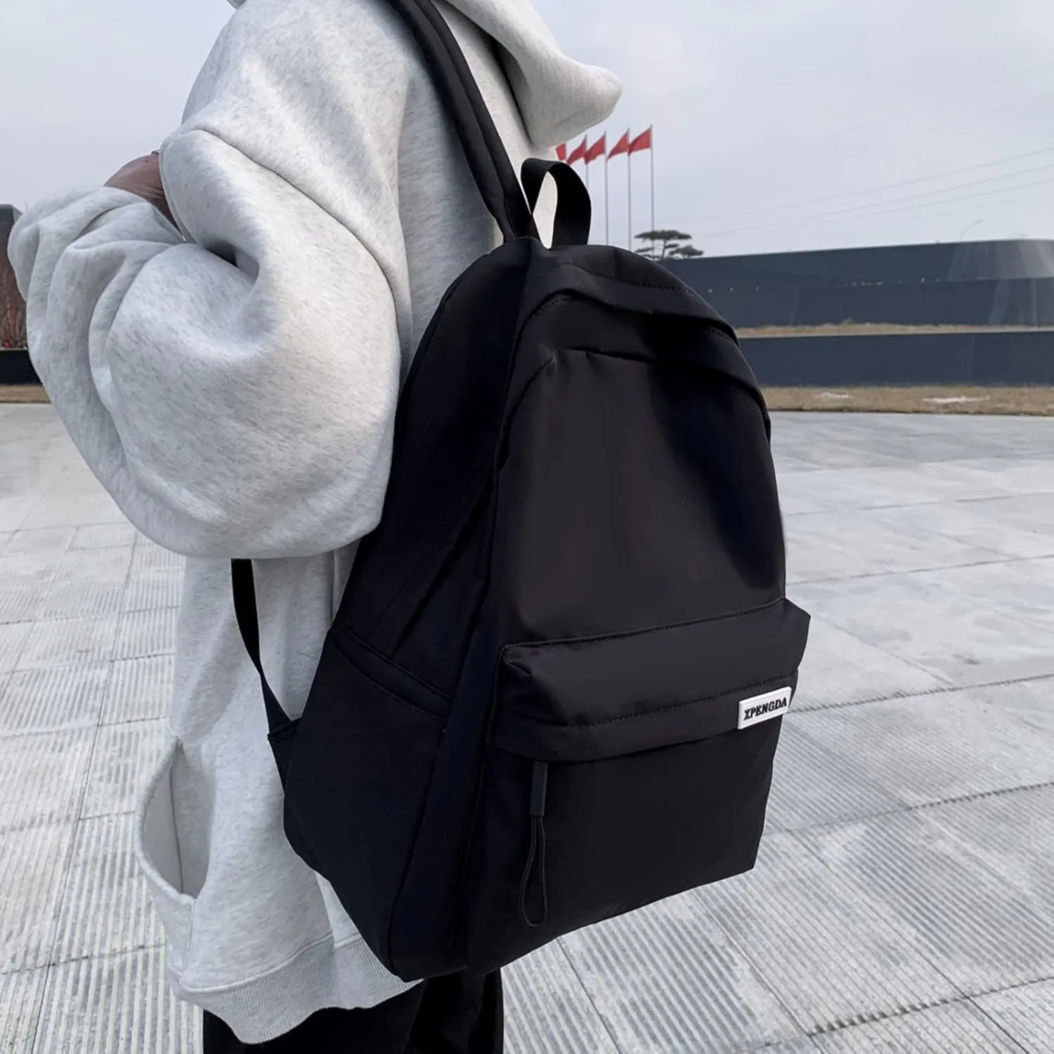 Men And Women Adult Fashion Solid Color Nylon Zipper Simple Large Capacity Student Backpack Retro (Black, One Size)