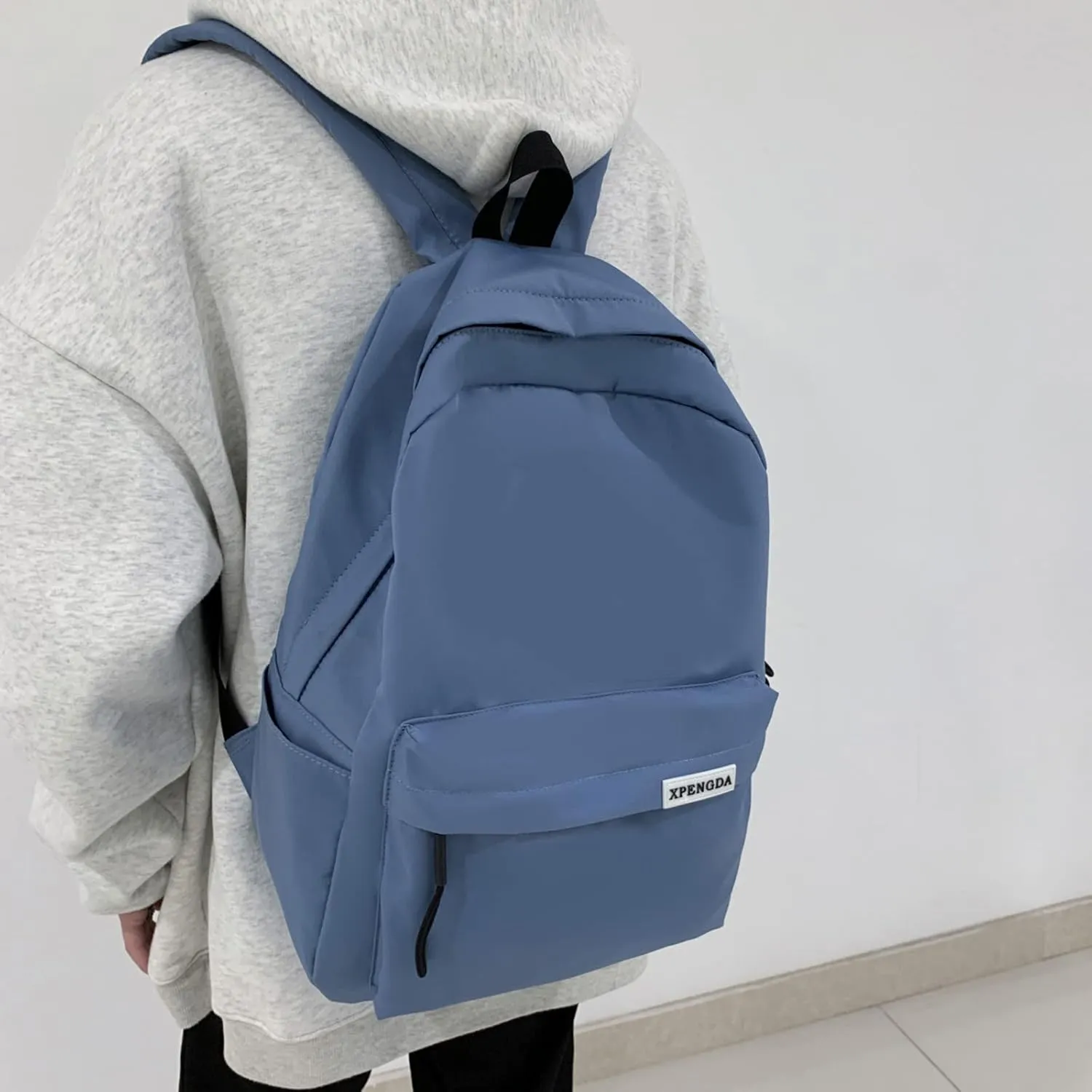 Men And Women Adult Fashion Solid Color Nylon Zipper Simple Large Capacity Student Backpack Retro (Blue, One Size)