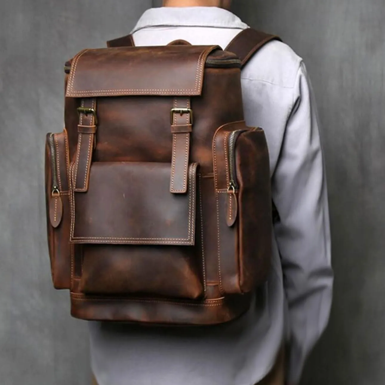 Mens Computers Backpacks Casual Daypack Laptop Bags Genuine Leather Bookbags Luggage Travel Bags(Black)