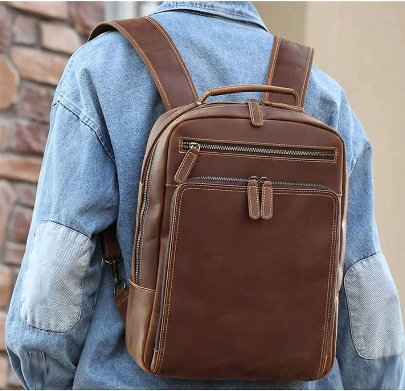 Mens Luggage Travel Bags Backpacks Laptop Bags Bookbags Genuine Leather Casual Daypack Handbags(Yellow)