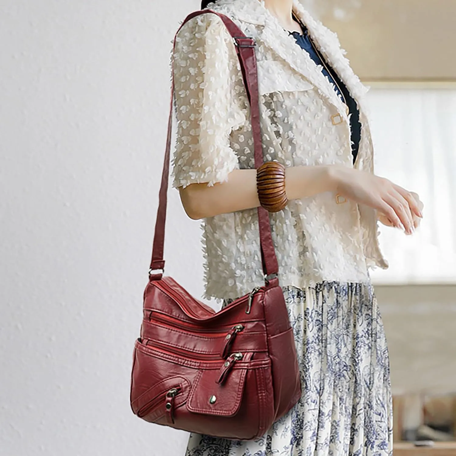 Mesh Beach Tote Vintage New Versatile Soft PU Leather Interlayer One Shoulder Crossbody Bag Handbag