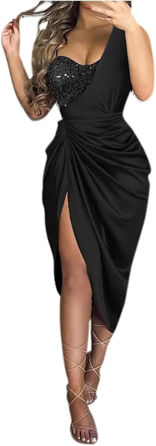 Midi Dresses for Women High Split Sparkly Sequin Corset Dress Sexy Club Cocktail Party Asymmetrical Bodycon Dress 2025