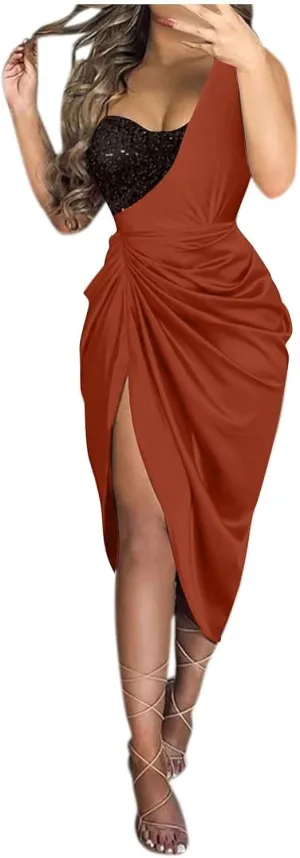 Midi Dresses for Women High Split Sparkly Sequin Corset Dress Sexy Club Cocktail Party Asymmetrical Bodycon Dress 2025