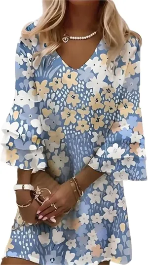 Mini Dress for Women 2025 Summer Casual 3/4 Sleeve Fashion V Neck Floral Print Shift Silhouette Beach Vacation Dresses