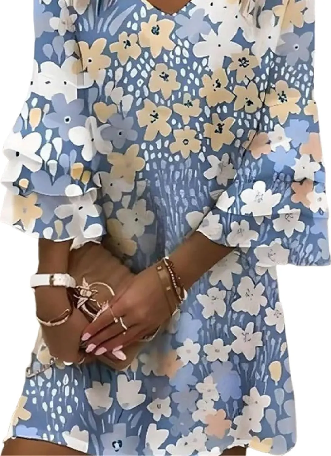 Mini Dress for Women 2025 Summer Casual 3/4 Sleeve Fashion V Neck Floral Print Shift Silhouette Beach Vacation Dresses