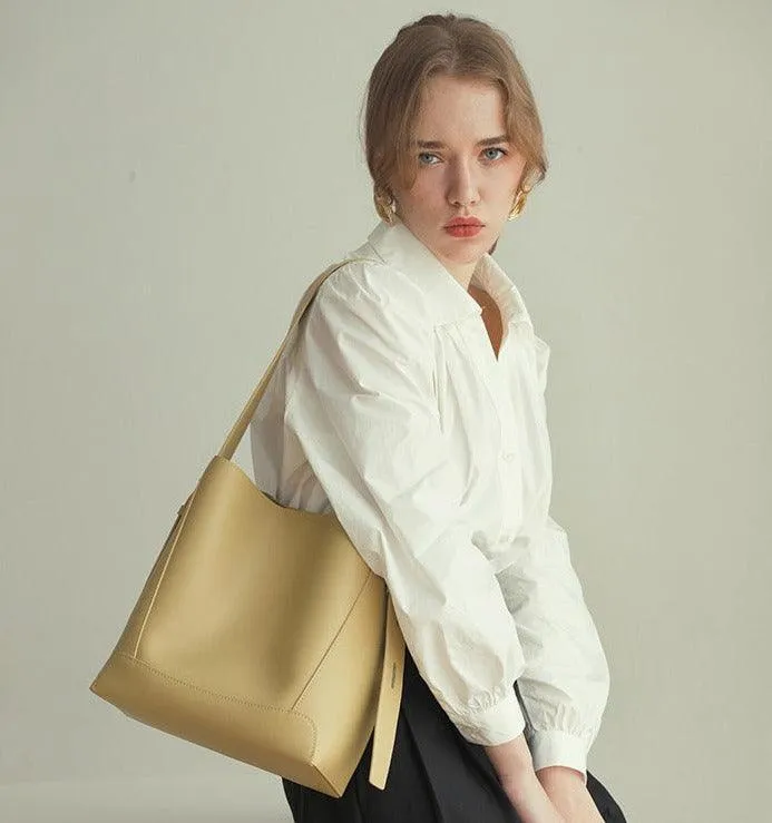 Minimalist Bucket Bag in Genuine Leather | Leather Shoulder Bag Gold Tone, Chic Crossbody Bag, Gift for Her