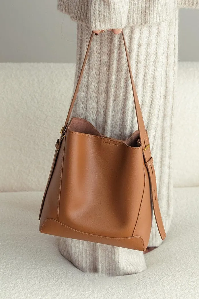 Minimalist Bucket Bag in Genuine Leather | Leather Shoulder Bag Gold Tone, Chic Crossbody Bag, Gift for Her