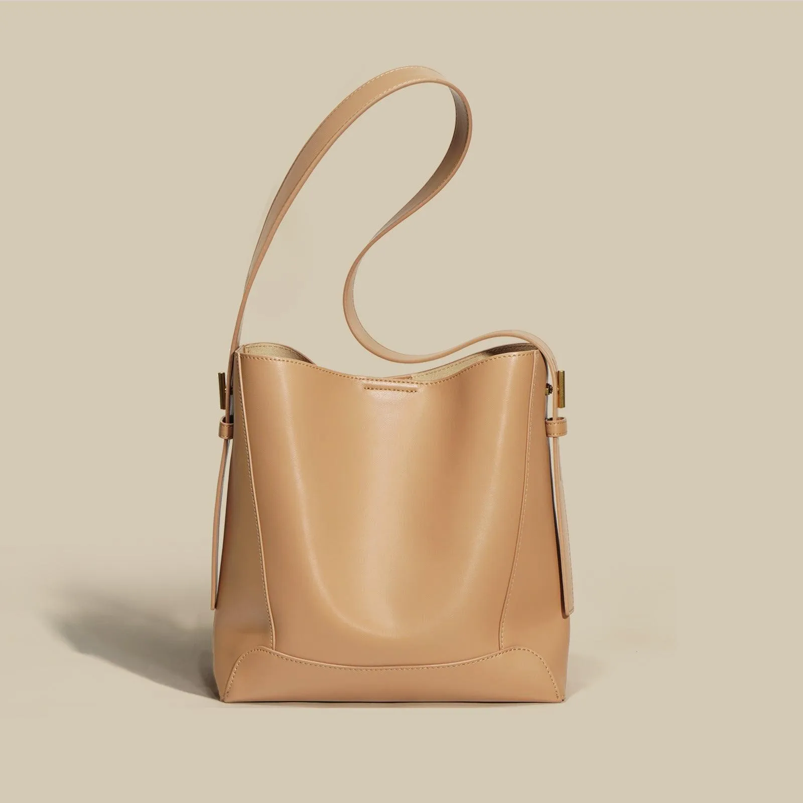Minimalist Bucket Bag in Genuine Leather | Leather Shoulder Bag Gold Tone, Chic Crossbody Bag, Gift for Her