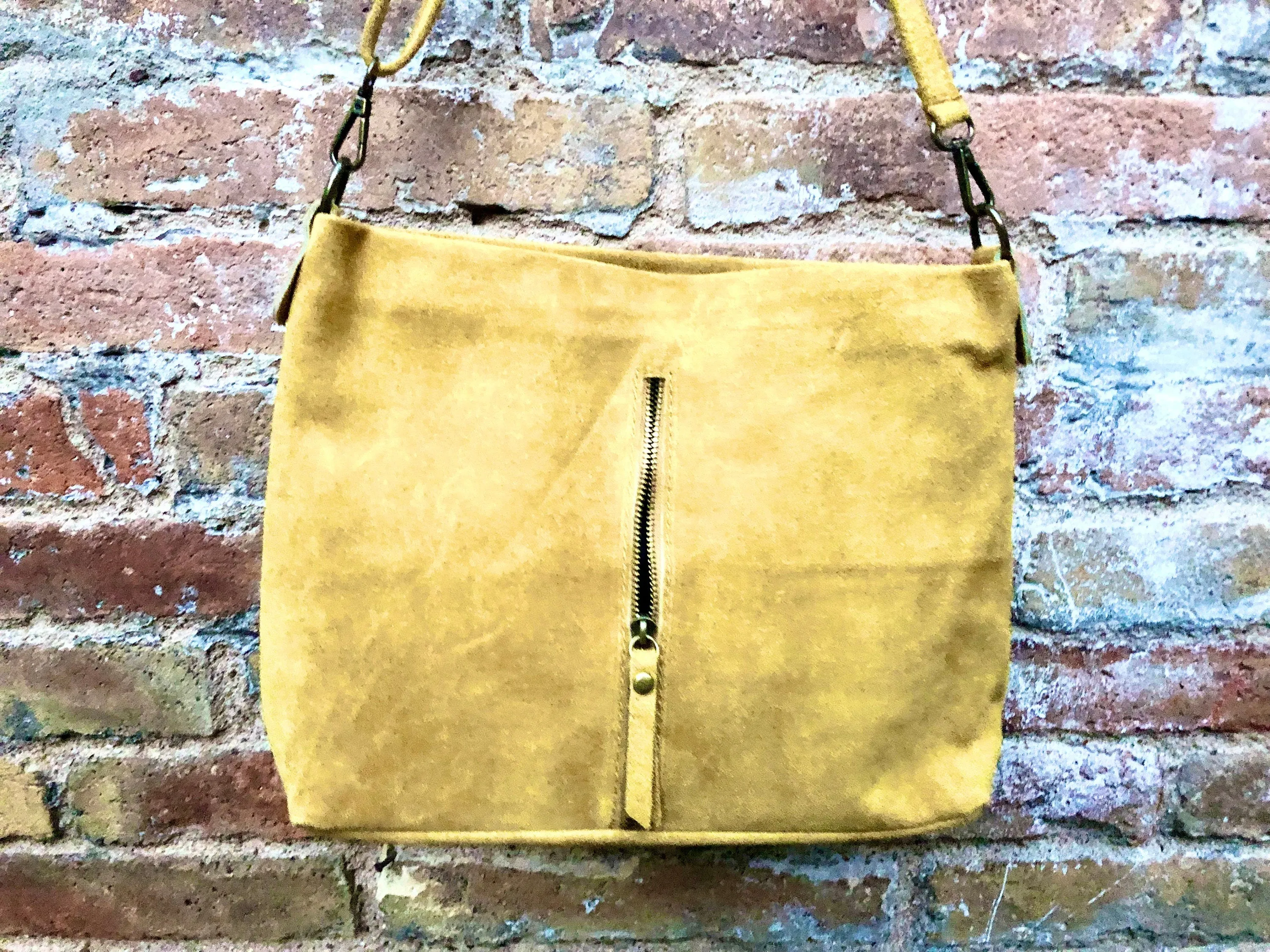 Mustard yellow  suede leather bag. Boho messenger bag. GENUINE LEATHER Cross body or shoulder bag. Yellow suede leather purse with zipper