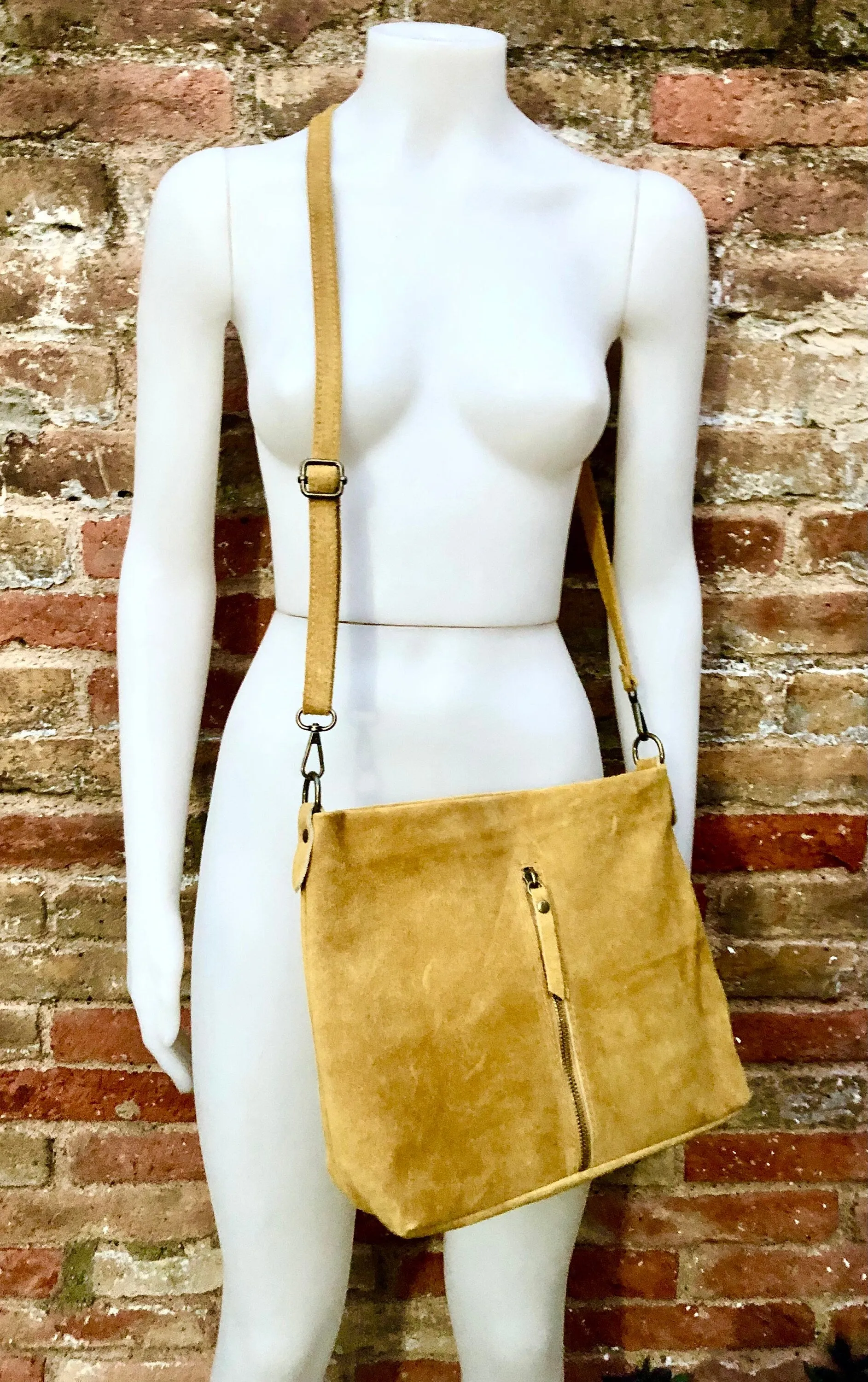 Mustard yellow  suede leather bag. Boho messenger bag. GENUINE LEATHER Cross body or shoulder bag. Yellow suede leather purse with zipper
