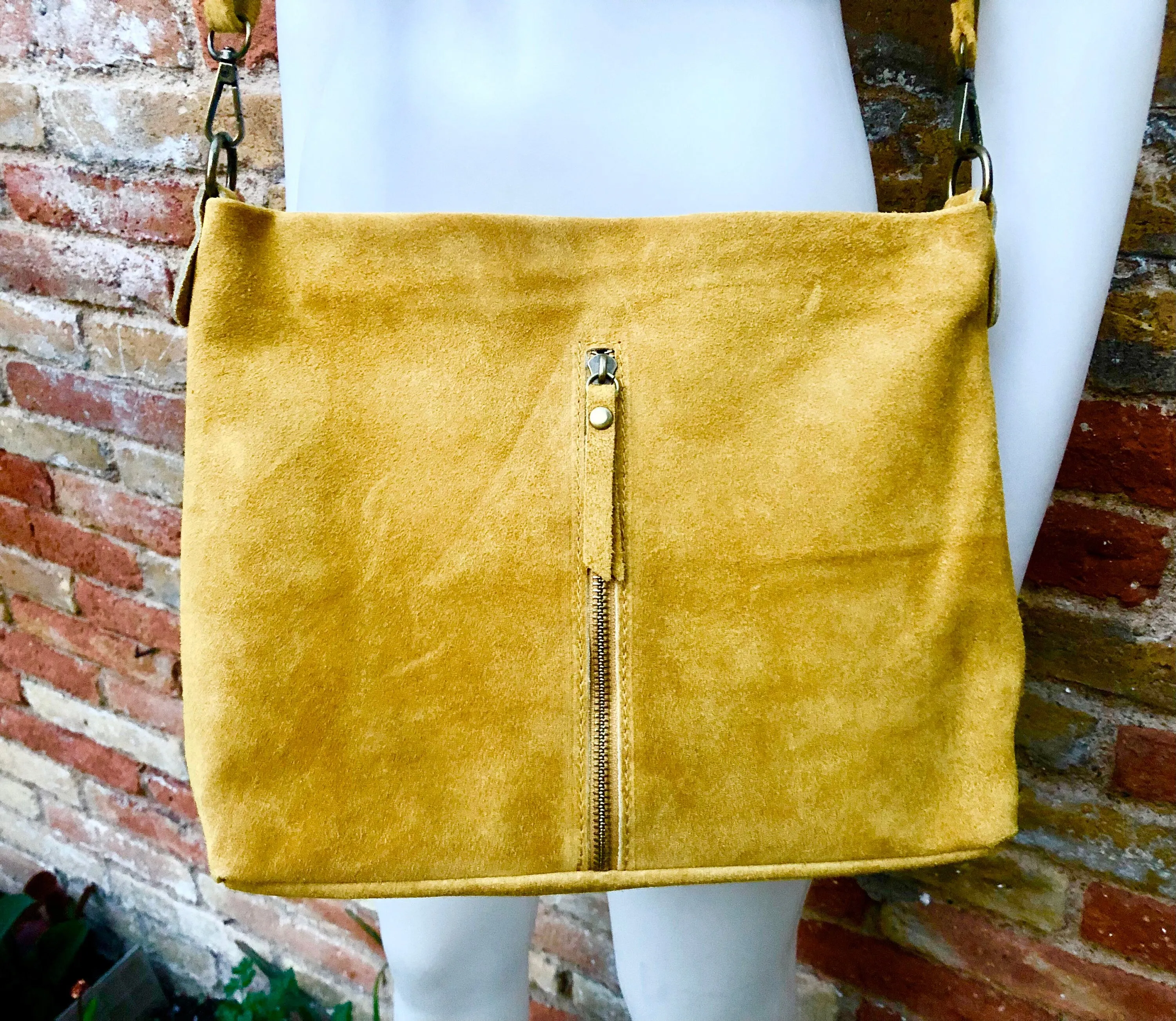 Mustard yellow  suede leather bag. Boho messenger bag. GENUINE LEATHER Cross body or shoulder bag. Yellow suede leather purse with zipper