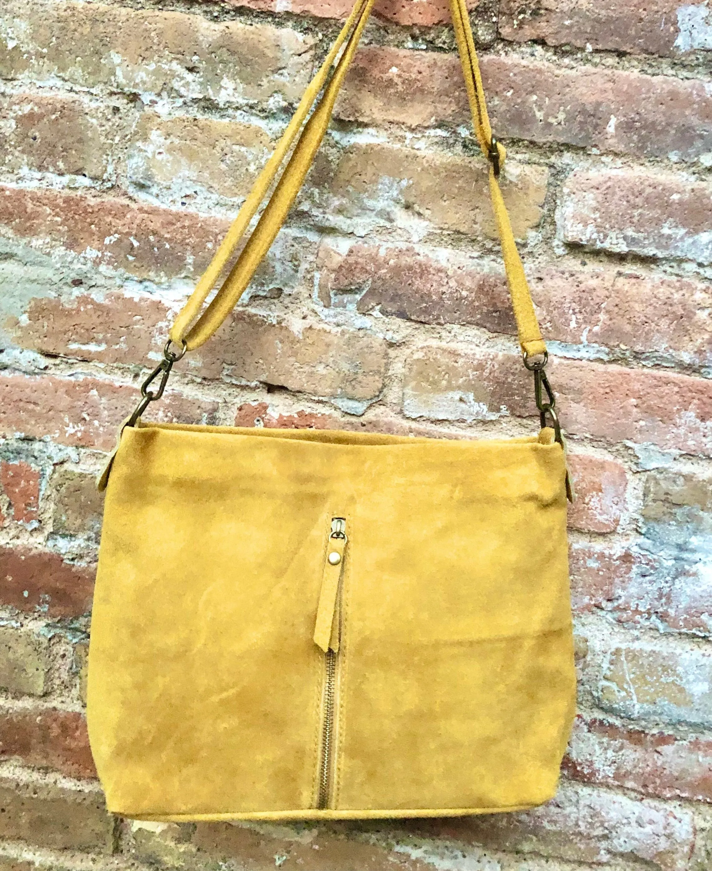 Mustard yellow  suede leather bag. Boho messenger bag. GENUINE LEATHER Cross body or shoulder bag. Yellow suede leather purse with zipper