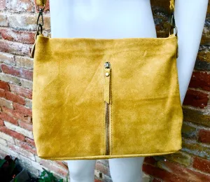 Mustard yellow  suede leather bag. Boho messenger bag. GENUINE LEATHER Cross body or shoulder bag. Yellow suede leather purse with zipper