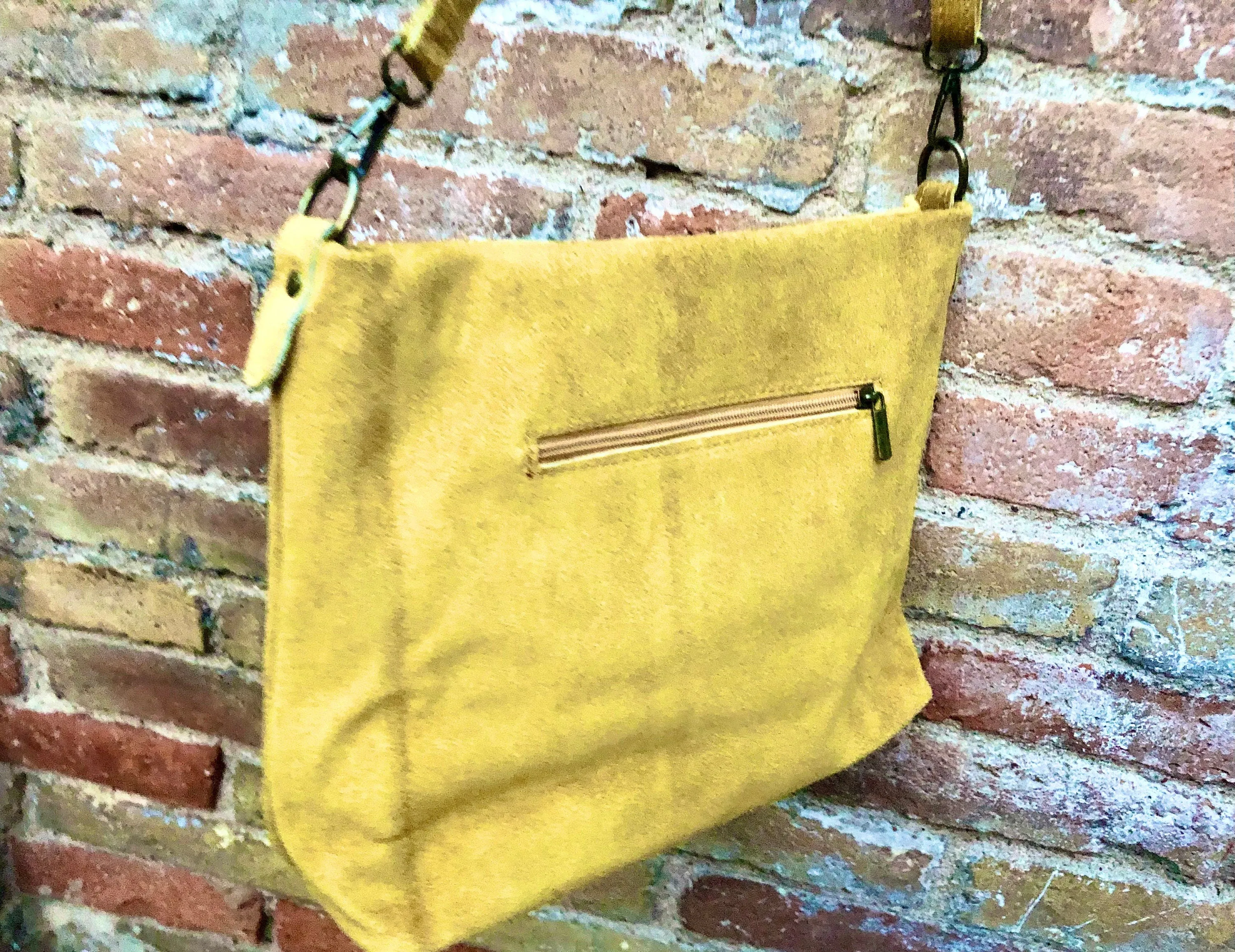 Mustard yellow  suede leather bag. Boho messenger bag. GENUINE LEATHER Cross body or shoulder bag. Yellow suede leather purse with zipper