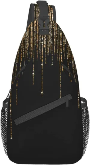 Mvirnsw Black Gold Sparkly Glitter Fringe Sling Bag Crossbody Backpack Hiking Travel Daypack Chest Bag Shoulder Bag For Women Men