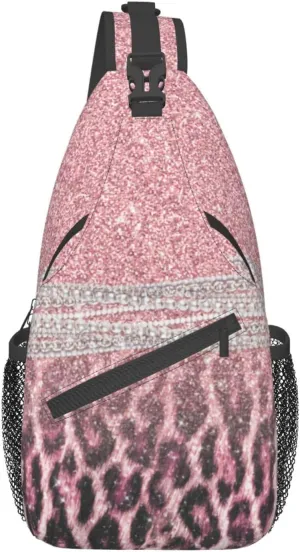 Mvirnsw Pink Leopard Animal Print Glitter Sling Bag Crossbody Backpack Hiking Travel Daypack Chest Bag Lightweight Shoulder Bag For Women Men