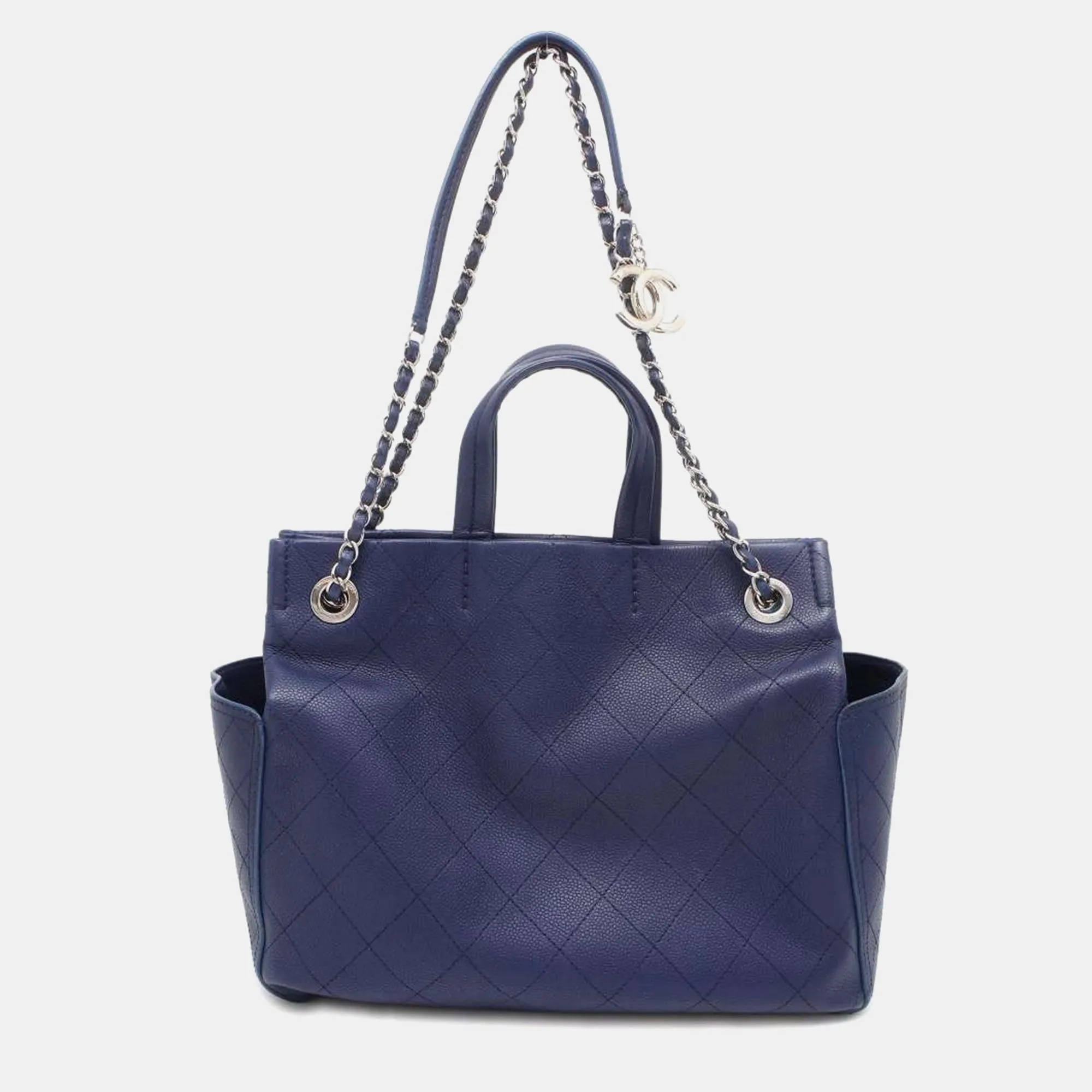Navy Blue Caviar Leather Tote Bag
