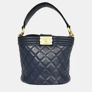 Navy Blue Leather Quilted Bucket Boy Shoulder Bag