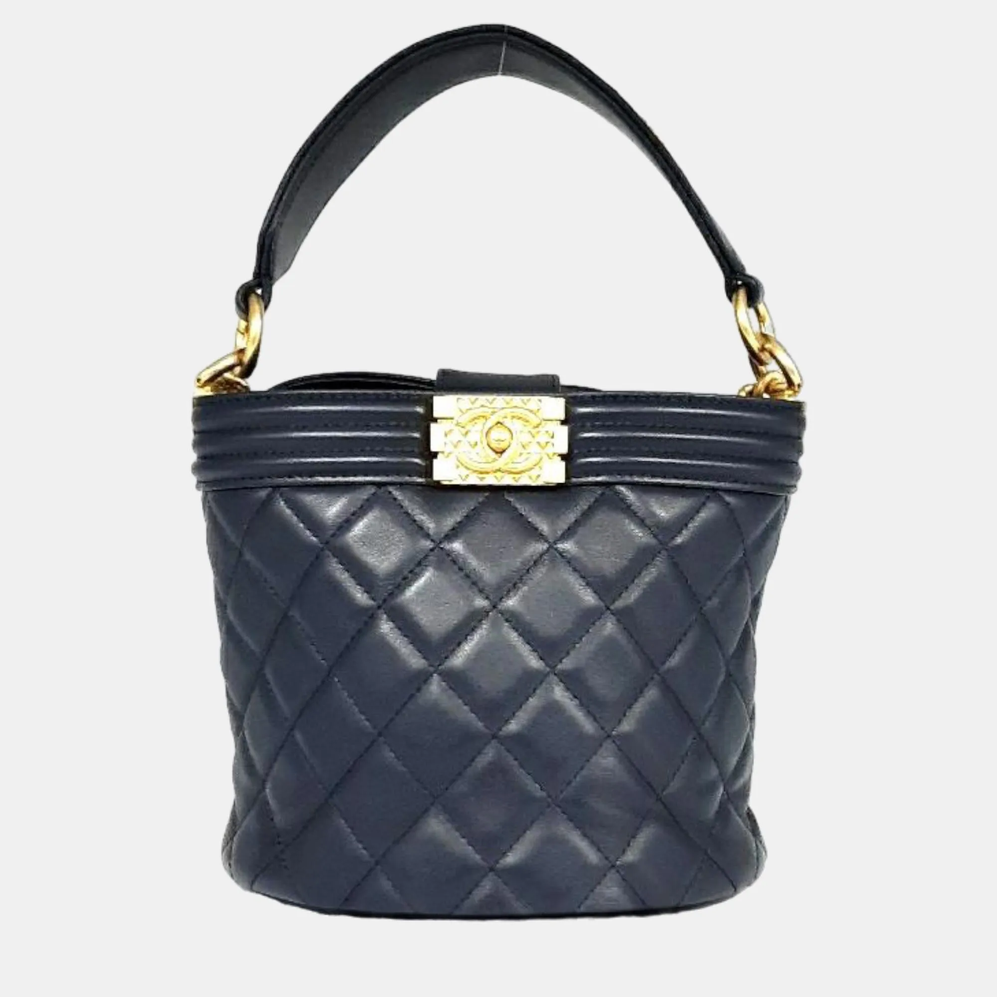 Navy Blue Leather Quilted Bucket Boy Shoulder Bag