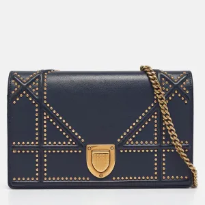Navy Blue Leather Studded Diorama Wallet on Chain