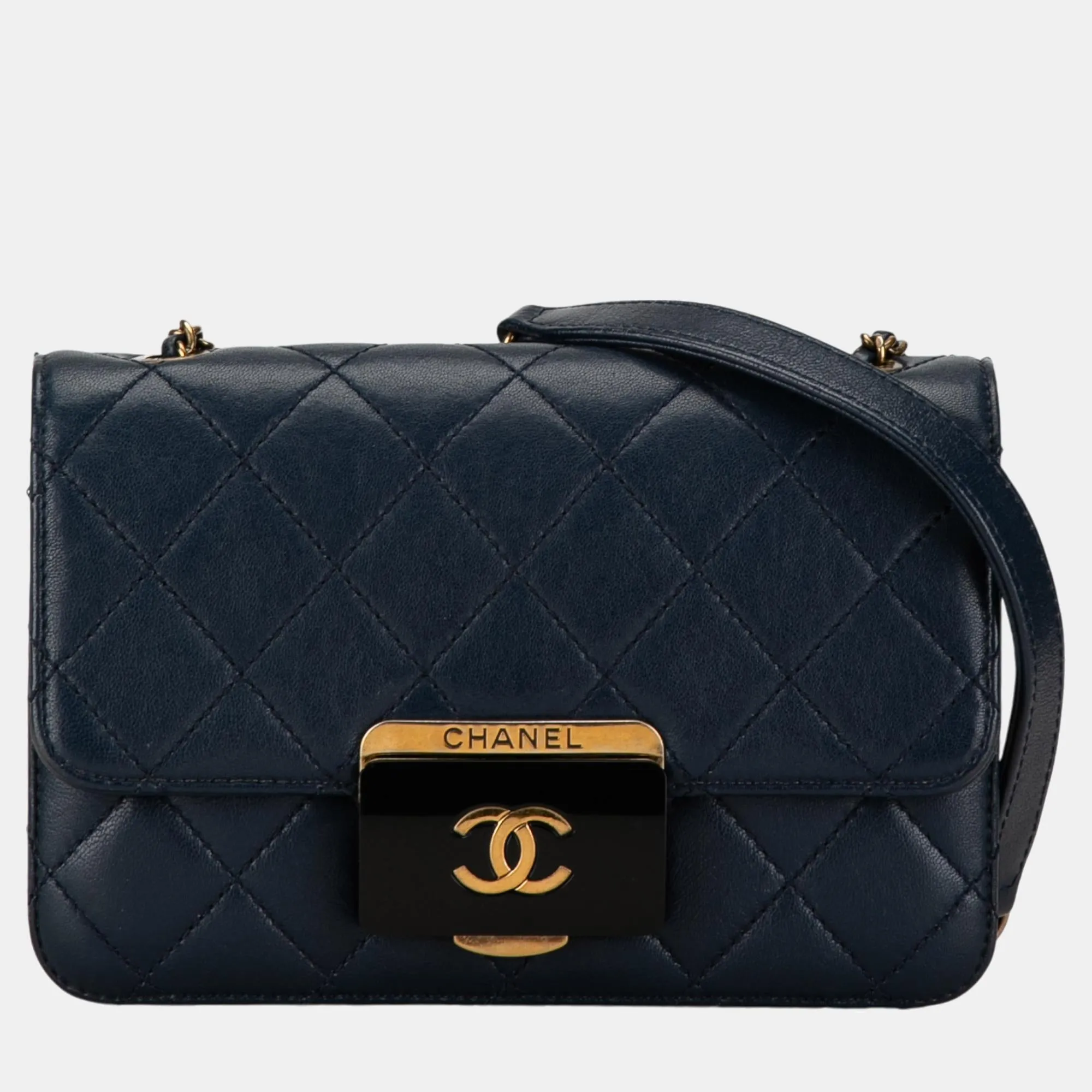 Navy Blue Mini Lambskin Beauty Lock Flap