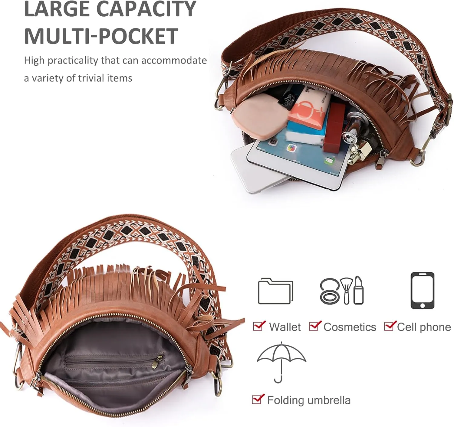 NICOLE & DORIS Small Shoulder Bags Women's Retro Shoulder Bags PU Leather Satchel Bag with Tassel Crossbody Bag Chest Bag Fringe Bag
